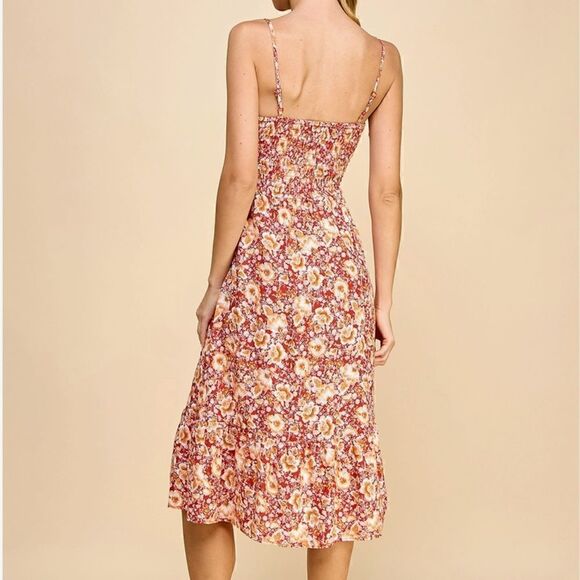 NEW! Cute Smocked Bodice Tie Front Boho Red Floral Spaghetti Strap Slip Dress - Picture 7 of 8